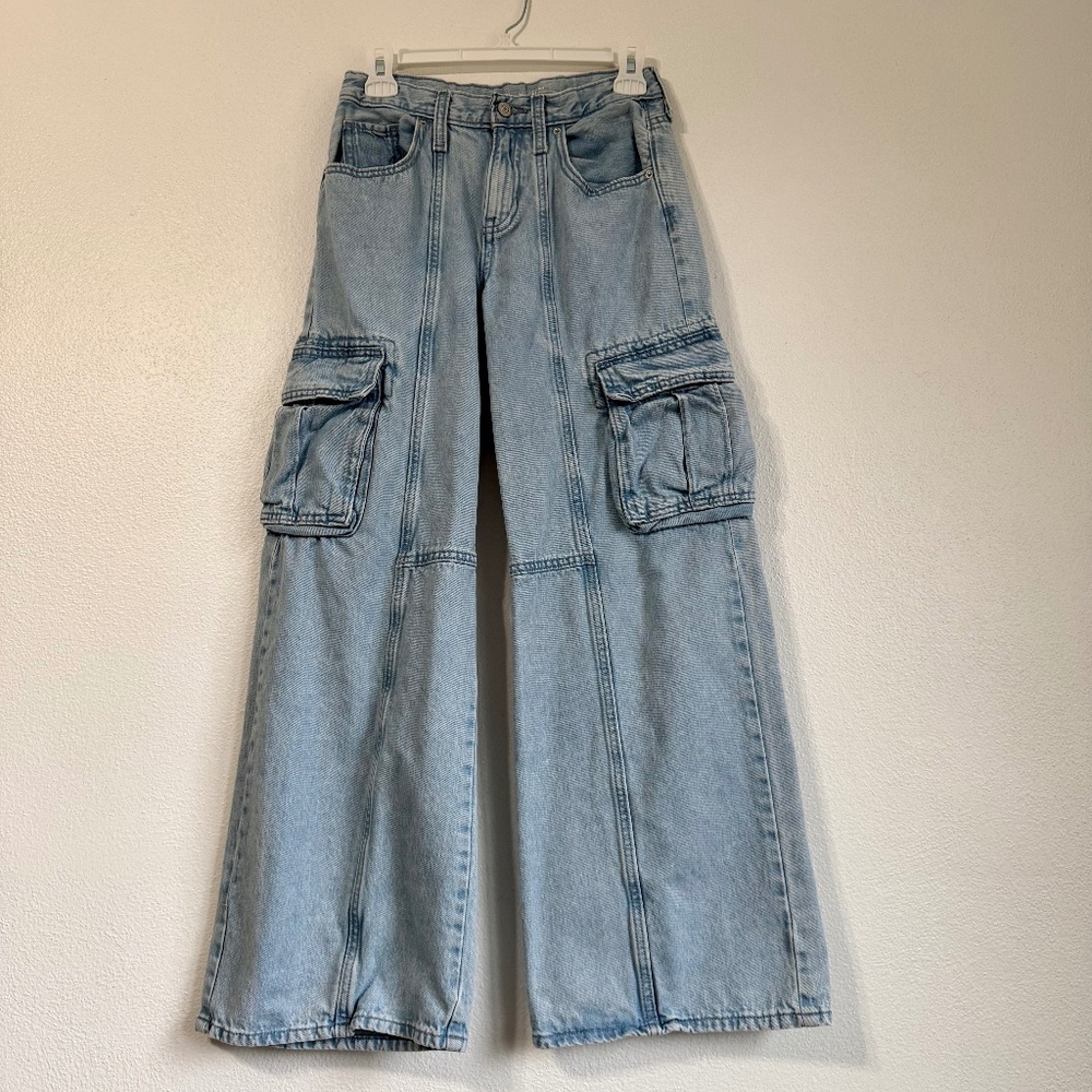 Old Navy Girls High-Rise Baggy Built In Tough Cargo Wide Leg Blue Jeans Size 14